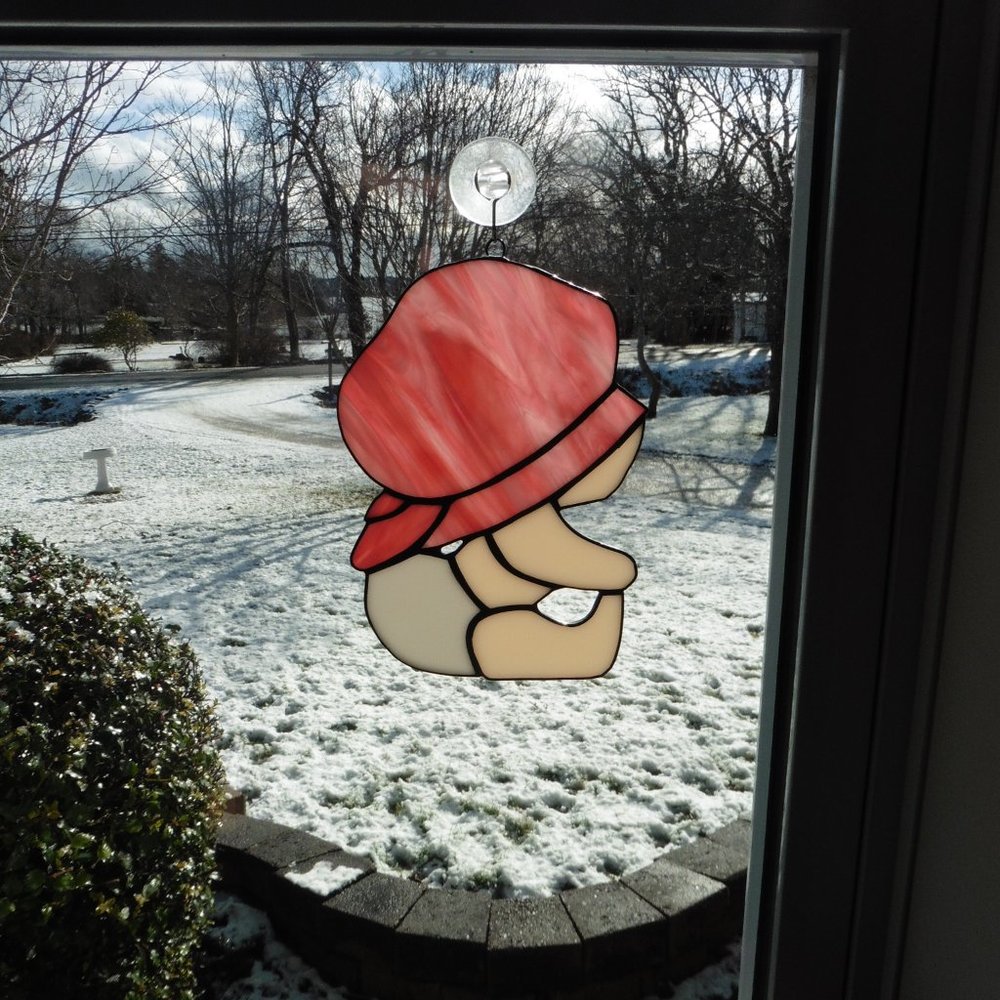 Stained Glass of Baby Girl With Pink Bonnet  & White Diaper. Made by myself.